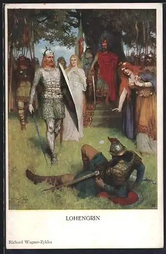 Künstler-AK Lohengrin und geschlagener Gegner