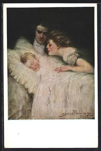 Künstler-AK Clarence F.Underwood: Unser grösstes Glück, Eltern am Bett des Kindes