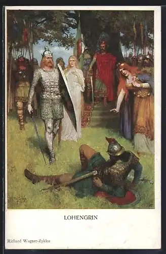 Künstler-AK Lohengrin und geschlagener Gegner