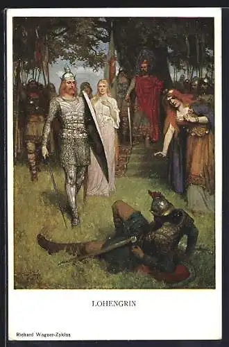 Künstler-AK Lohengrin und geschlagener Gegner