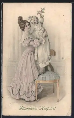 Künstler-AK H. Schubert: Rokoko-Dame mit hochspringendem Kleinkind, Neujahrsgruss