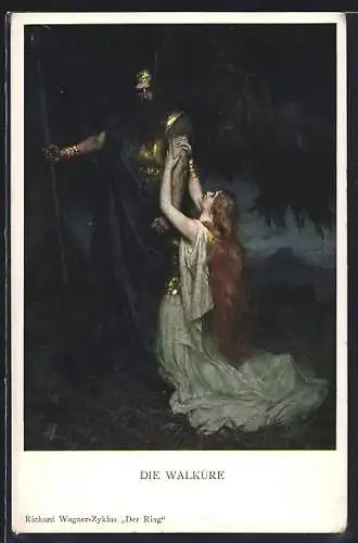 AK Die Walküre, Frau kniet an der Seite eines Kriegers und umfasst flehend seinen Arm