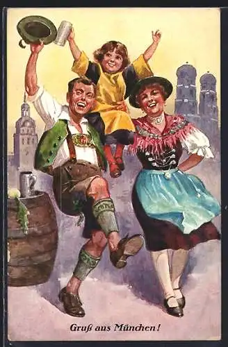 AK München, Oktoberfest, Münchener Kindl feiert mit Trachtenpaar