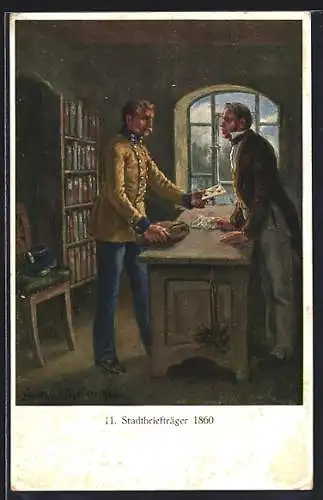 Künstler-AK Stadtbriefträger bei der Aushändigung eines Briefes um 1860