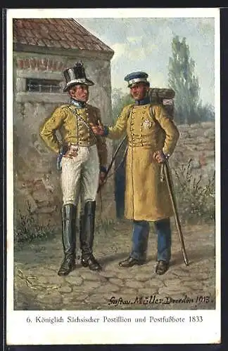 AK Kgl. Sächsischer Postillion u. Postfussbote in Uniform 1833