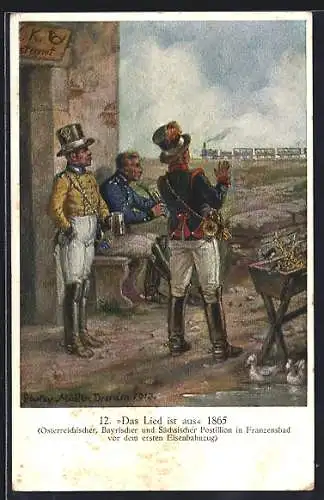 Künstler-AK Franzensbad, Österreichischer, Bayrischer und Sächsischer Postillion vor dem ersten Eisenbahnzug 1865