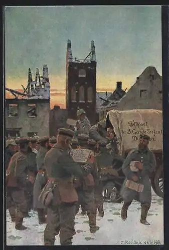 Künstler-AK C. Röchling: Ankunft der Feldpost der 3. Garde-Infanterie Division