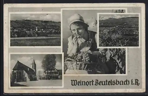 AK Beutelsbach / Remstal, Gesamtansicht, Kirchpartie, Weinbäuerin