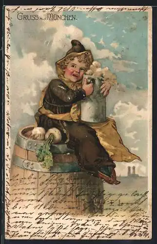 Lithographie Münchner Kindl umarmt seinen Bierkrug