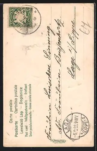 Lithographie Münchner Kindl umarmt seinen Bierkrug