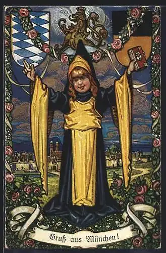AK Münchner Kindl mit Wappen und Bibel