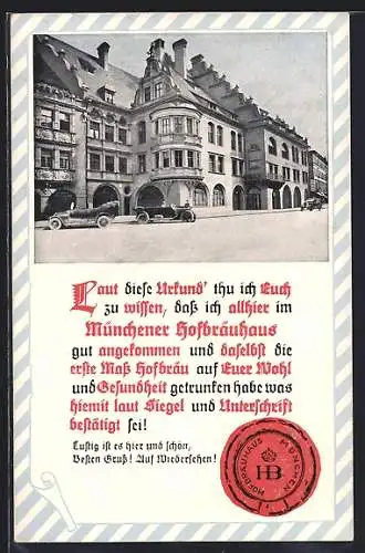 AK München, Gasthof Hofbräuhaus mit parkenden Autos davor