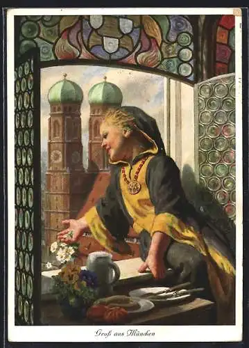 Künstler-AK Münchner Kindl blickt aus einem Fenster zur Frauenkirche