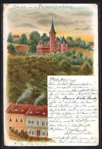Lithographie Mylau i. Vogtl., Blick auf das Restaurant Felsenschänke
