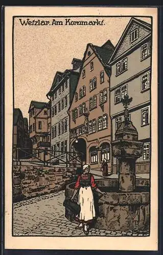 Steindruck-AK Wetzlar, Frau am Brunnen am Kornmarkt