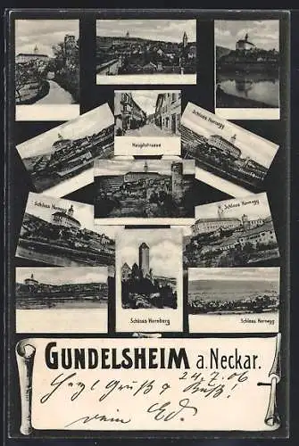 AK Gundelsheim, Hauptstrasse und Ansichten der Schlösser Hornegg und Hornberg