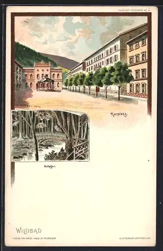 Lithographie Wildbad / Württ., Kurplatz, Anlagen