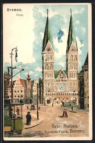Lithographie Bremen, Strassenbahn am Dom