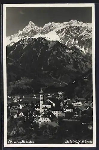 AK Schruns im Montafon, Totalansicht mit Bergpanorama