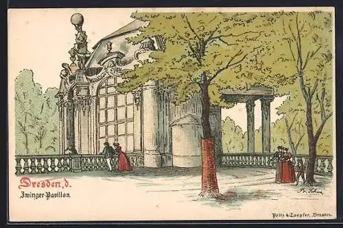 AK Dresden, Zwinger-Pavillon mit Passanten