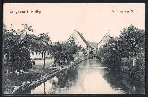 AK Langenau / Württ., Häuserpartie an der Nau