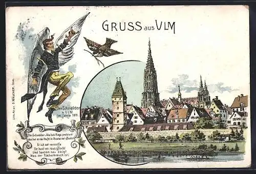 Lithographie Ulm / Donau, Teilansicht vom Fluss aus, Sage des Schneiders von Ulm