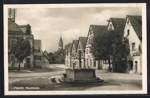AK Feucht, Marktplatz mit Brunnen und Gasthaus