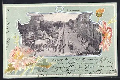 AK Hannover, Georgstrasse mit Café Kröpcke, Litfasssäule und Strassenbahn