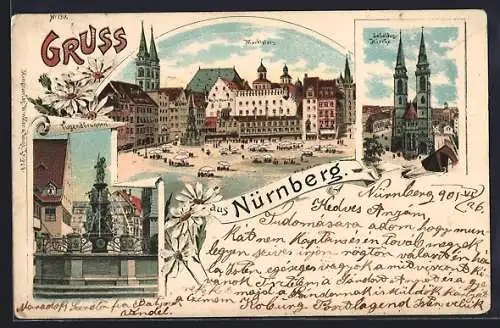 Lithographie Nürnberg, Marktplatz, Sebaldus-Kirche, Tugendbrunnen