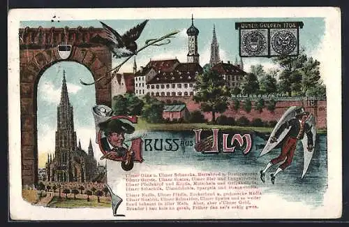 Lithographie Ulm / D., Ulmer Gulden, das Münster und das Schloss