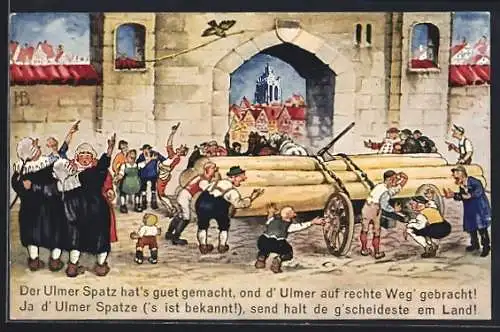 Künstler-AK Hans Boettcher: Ulm, Die Historie vom Ulmer Spatzen