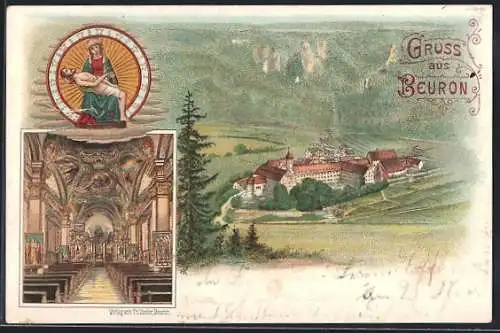 Lithographie Beuron, Gesamtansicht und Inneres der Kirche
