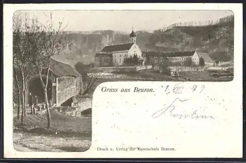 AK Beuron, Ortsansicht mit Vers