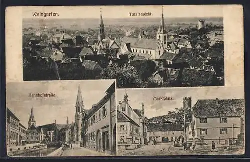 AK Weingarten / Durlach, Totalansicht, Blick auf Bahnhofstrasse und Marktplatz