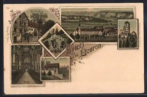 Lithographie Beuron, Schloss Bronnen, Klosterpforte, Lourdes-Grotte, St. Maurus-Kapelle
