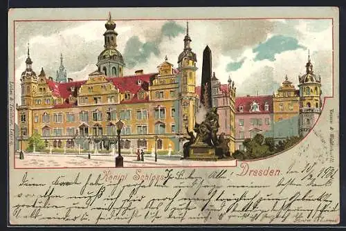 Lithographie Dresden, Schloss und Kriegerdenkmal