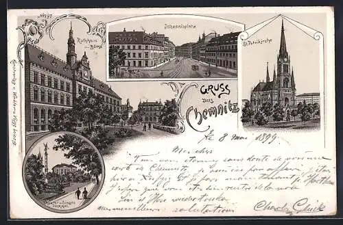 Lithographie Chemnitz, Theater und Sieges-Denkmal, Rathhaus und Börse, Johannisplatz, St. Petrikirche