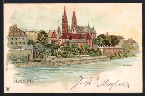 Lithographie Basel, Flusspartie am Münster