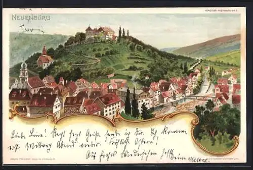 Lithographie Neuenbürg / Württ., Teilansicht mit Blick zum Schloss
