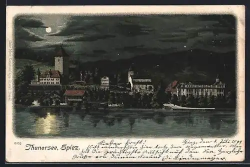 Lithographie Spiez / Thunersee, Teilansicht bei Vollmond