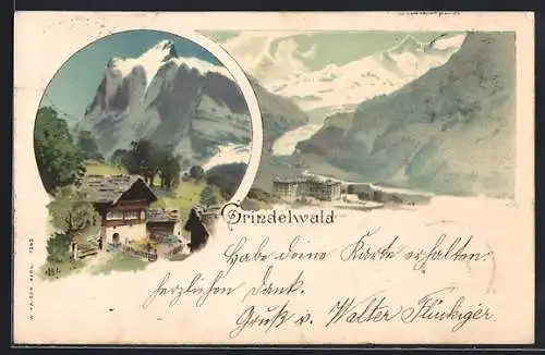 Lithographie Grindelwald, Häuser vor Alpenpanorma