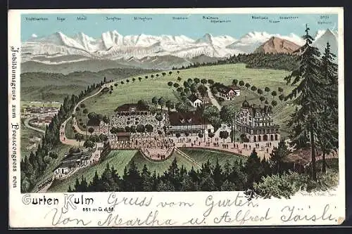 Lithographie Bern, Gurten Kulm, Etablissement und Restauration mit Eiger, Mönch, Jungfrau