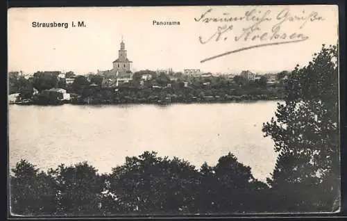 AK Strausberg i. M., Blick über den See zur Ortschaft