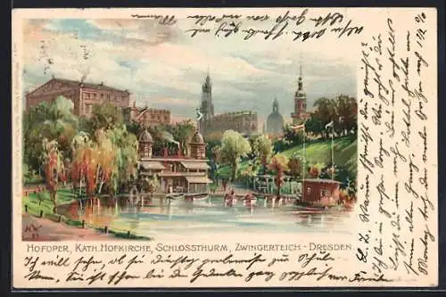 Lithographie Dresden, Hofoper, Kath. Hofkirche, Schlossturm, Zwingerteich
