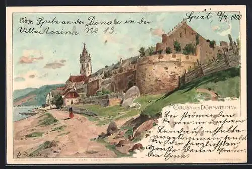 Künstler-AK Dürnstein a. D., Teilansicht des Ortes