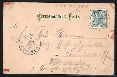 Lithographie Linz a.D., der Pöstlingberg mit der elektrischen Adhäsionsbahn