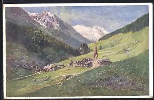 Künstler-AK Lanersbach im Tuxertal, Ort vom Berghang aus gesehen