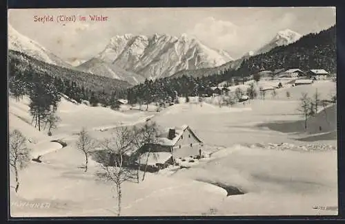 AK Seefeld in Tirol, Ortsansicht im Winter mit schneebedeckten Alpen