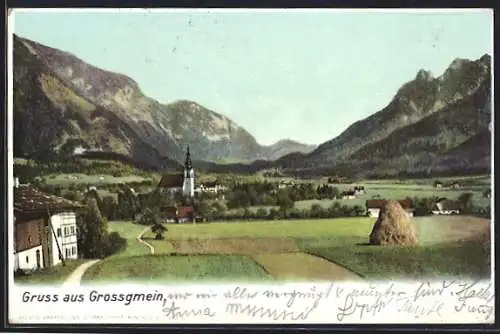 AK Grossgmein, Ortspartie mit Kirche im Gebirge