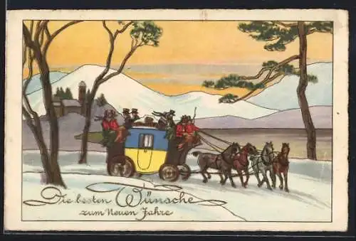 AK Postkutsche in winterlicher Landschaft, Neujahrsgruss